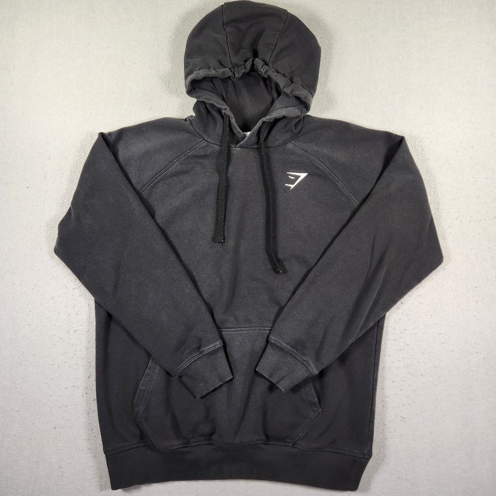 Gymshark Men's Black Pullover Hoodie Fleece Cotton Blend Logo Pockets Medium
